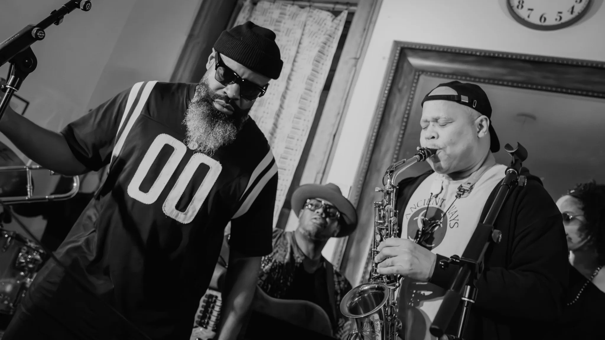 Black Thought and Steve Coleman together at Atelier Harlem in black and white.